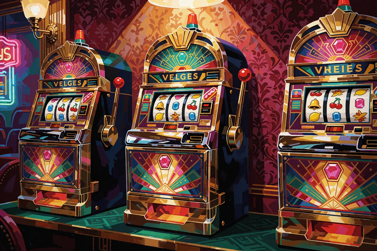 Trzy ozdobne automaty w stylu art d&eacute;co w rzędzie, ilustracja kategorii sloty online w V.Vegas
