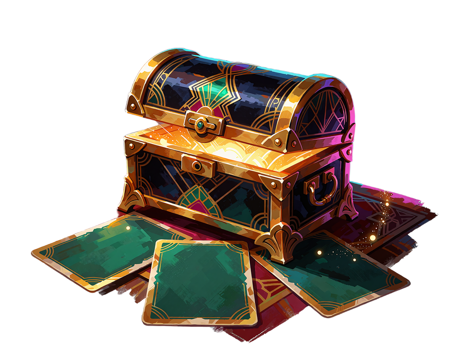 Granatowa skrzynia ze złotymi zdobieniami art d&eacute;co i wachlarzem kart questowych - ilustracja Loot Box&oacute;w i promocji tygodnia