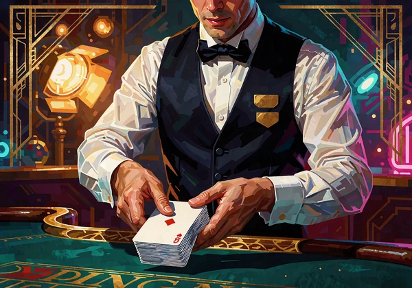 Krupier w kamizelce tasuje karty nad zielonym stołem - ilustracja blackjacka na żywo w kasynie online
